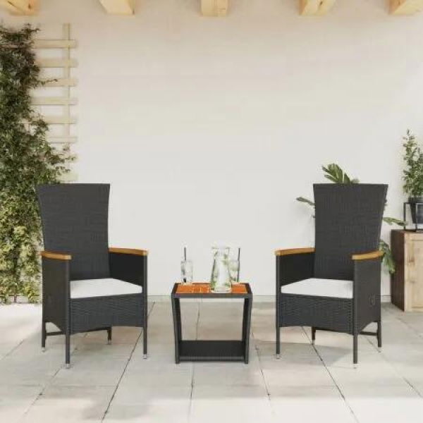 3 Piece Garden Dining Set with Cushions Black Poly Rattan