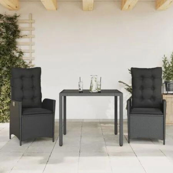 3 Piece Garden Dining Set with Cushions Black Poly Rattan