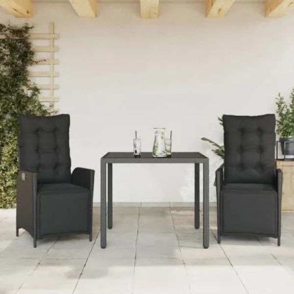 3 Piece Garden Dining Set with Cushions Black Poly Rattan