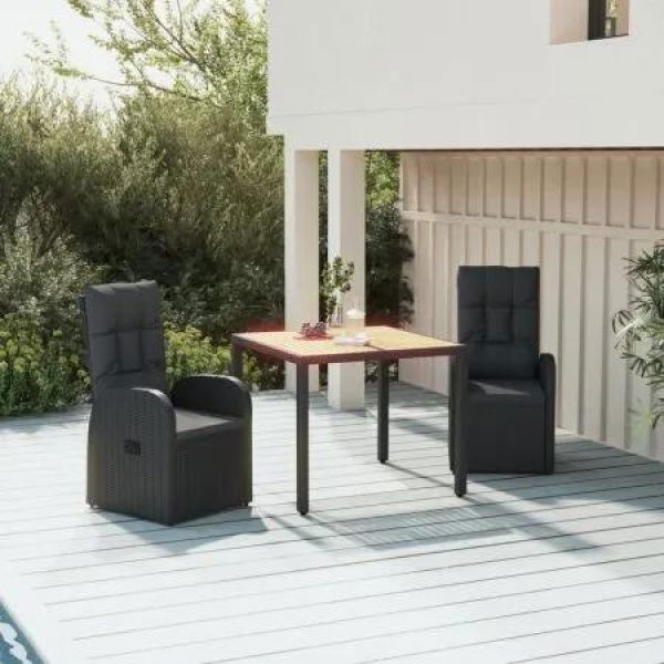 3 Piece Garden Dining Set with Cushions Black Poly Rattan