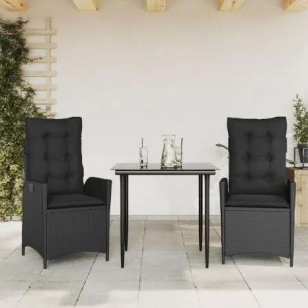 3 Piece Garden Dining Set with Cushions Black Poly Rattan