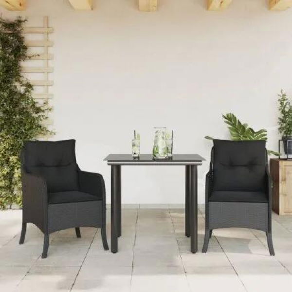 3 Piece Garden Dining Set with Cushions Black Poly Rattan