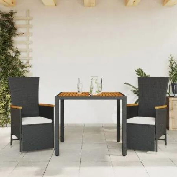 3 Piece Garden Dining Set with Cushions Black Poly Rattan