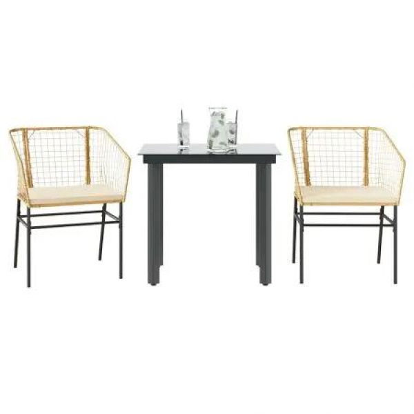 3 Piece Garden Dining Set with Cushions Brown Poly Rattan Glass