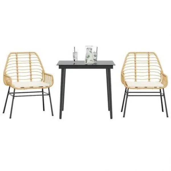 3 Piece Garden Dining Set with Cushions Brown Poly Rattan Glass