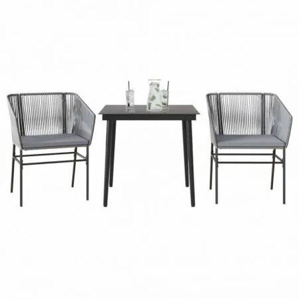 3 Piece Garden Dining Set with Cushions Grey Poly Rattan Glass