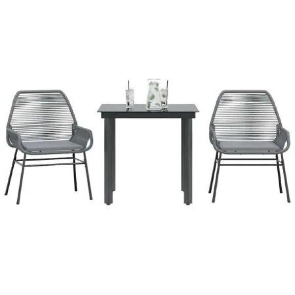 3 Piece Garden Dining Set with Cushions Grey Poly Rattan Glass