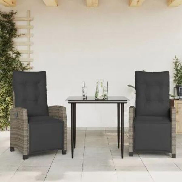 3 Piece Garden Dining Set with Cushions Grey Poly Rattan