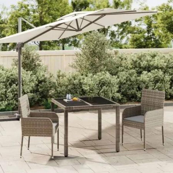 3 Piece Garden Dining Set with Cushions Grey Poly Rattan