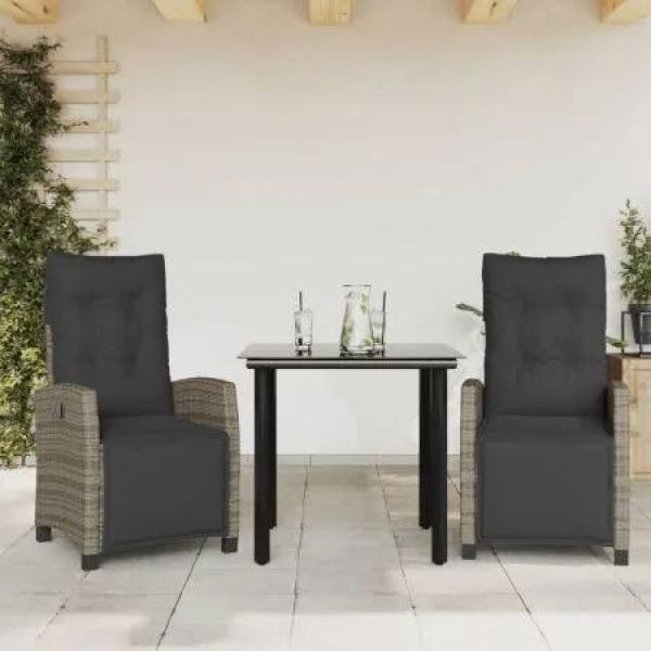 3 Piece Garden Dining Set with Cushions Grey Poly Rattan