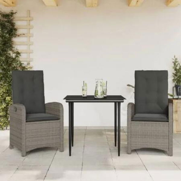 3 Piece Garden Dining Set with Cushions Grey Poly Rattan