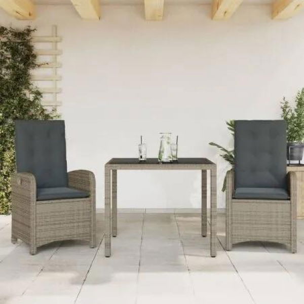 3 Piece Garden Dining Set with Cushions Grey Poly Rattan