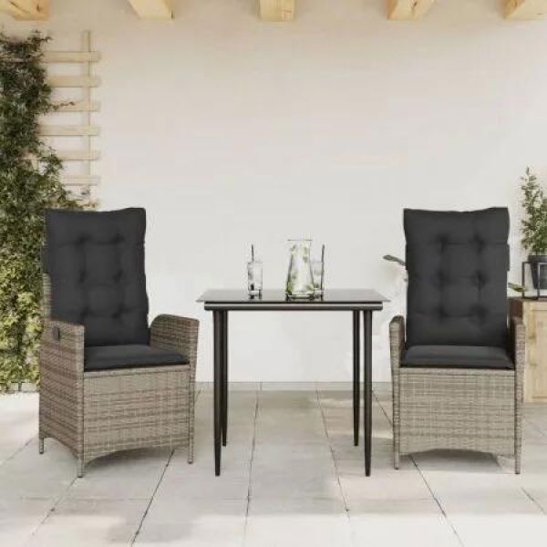 3 Piece Garden Dining Set with Cushions Grey Poly Rattan