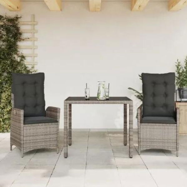 3 Piece Garden Dining Set with Cushions Grey Poly Rattan