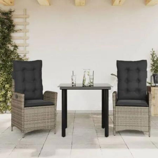 3 Piece Garden Dining Set with Cushions Grey Poly Rattan