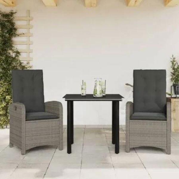 3 Piece Garden Dining Set with Cushions Grey Poly Rattan