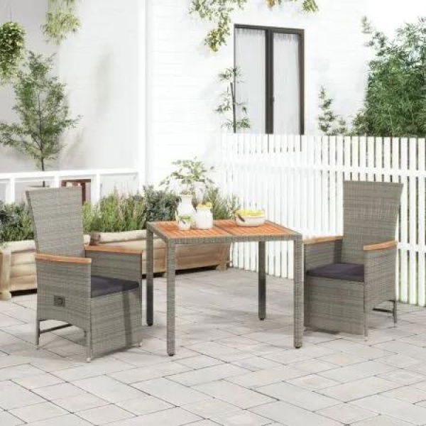 3 Piece Garden Dining Set with Cushions Grey Poly Rattan