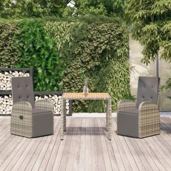 3 Piece Garden Dining Set with Cushions Grey Poly Rattan