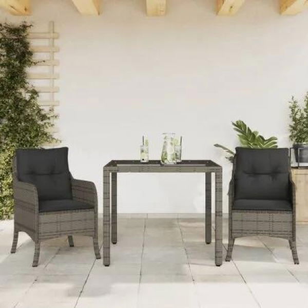 3 Piece Garden Dining Set with Cushions Grey Poly Rattan