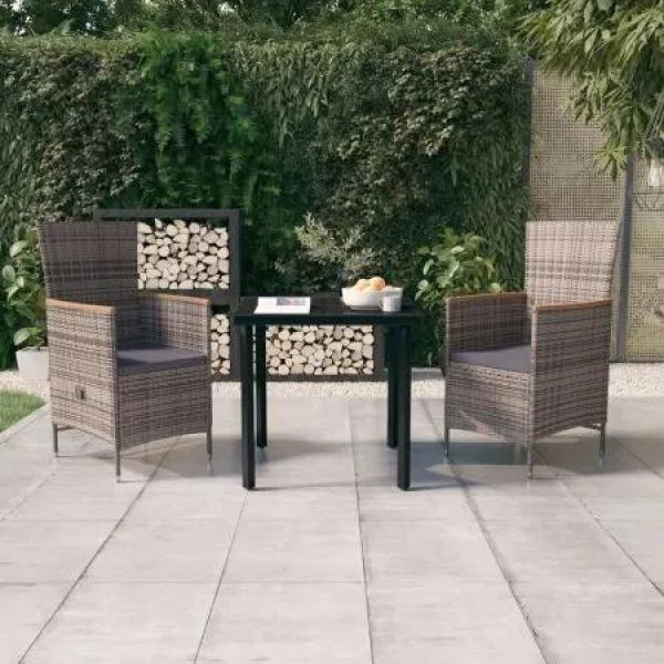 3 Piece Garden Dining Set with Cushions Grey