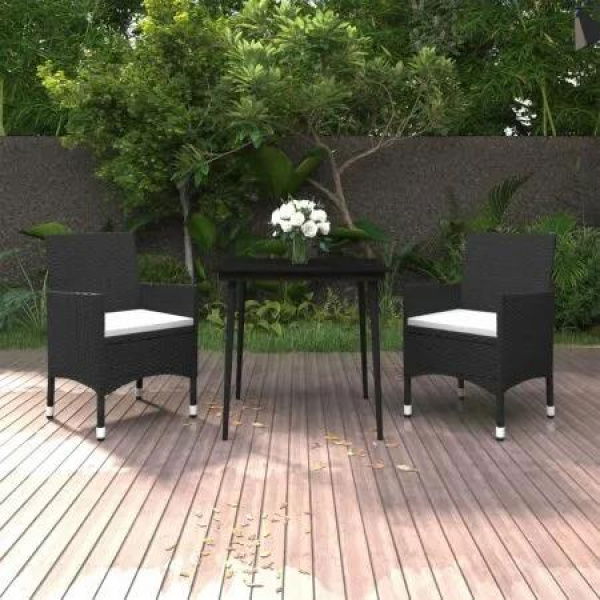 3 Piece Garden Dining Set with Cushions Poly Rattan and Glass