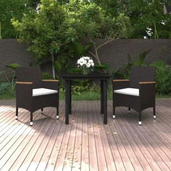 3 Piece Garden Dining Set with Cushions Poly Rattan and Glass