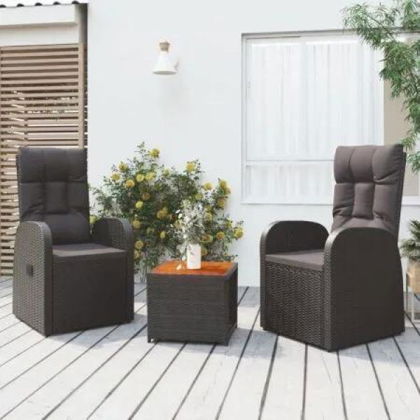 3 Piece Garden Lounge Set Black Poly Rattan&Solid Wood Acacia