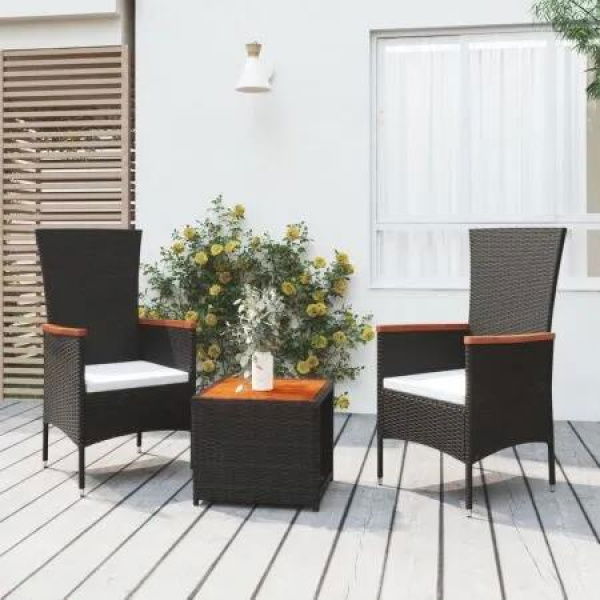 3 Piece Garden Lounge Set Black Poly Rattan&Solid Wood Acacia