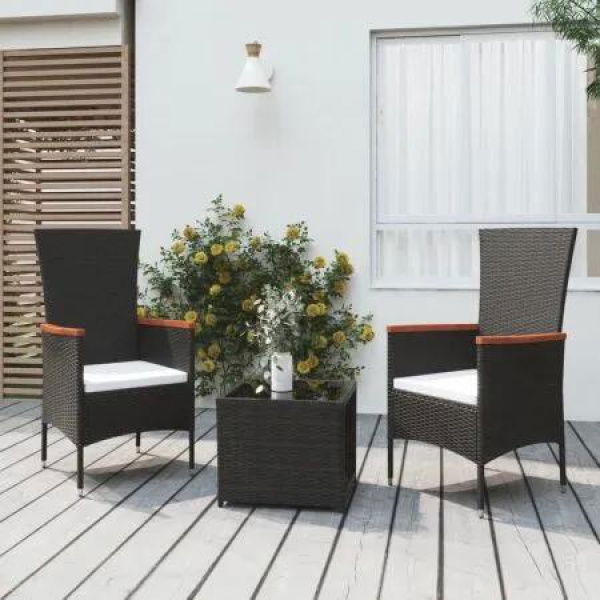 3 Piece Garden Lounge Set Black Poly Rattan&Steel