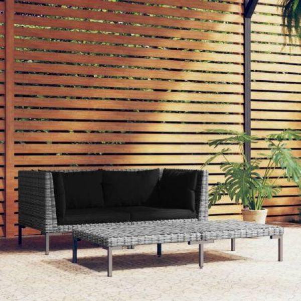 3 Piece Garden Lounge Set Dark Grey Half Round Poly Rattan