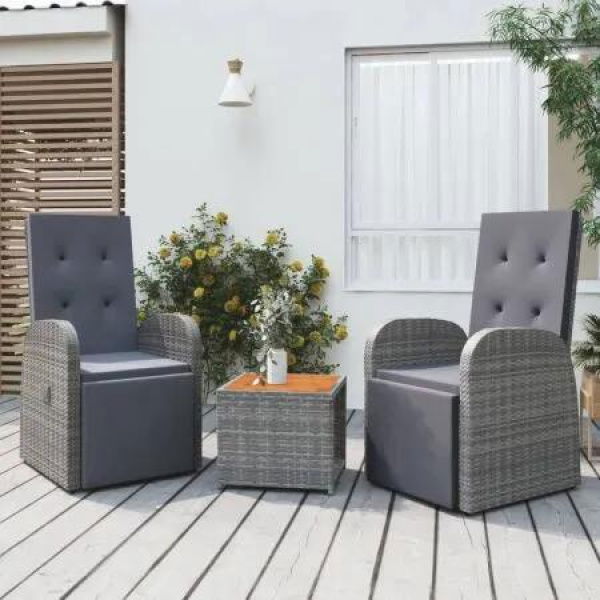 3 Piece Garden Lounge Set Grey Poly Rattan&Solid Wood Acacia