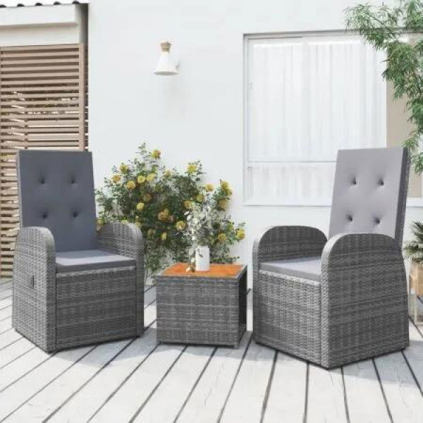 3 Piece Garden Lounge Set Grey Poly Rattan&Solid Wood Acacia