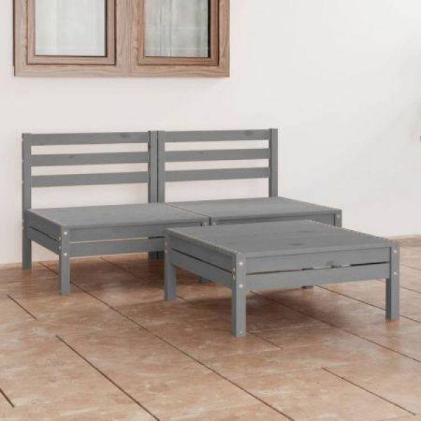 3 Piece Garden Lounge Set Grey Solid Wood Pine