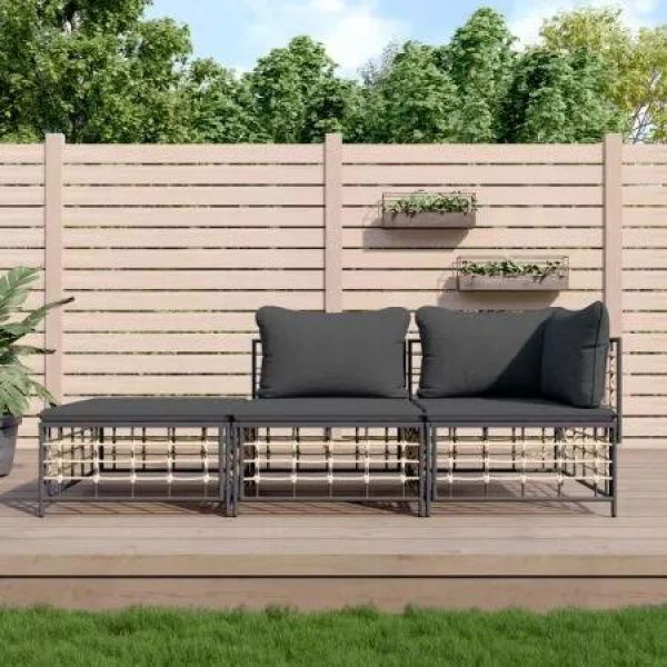 3 Piece Garden Lounge Set with Cushions Anthracite Poly Rattan