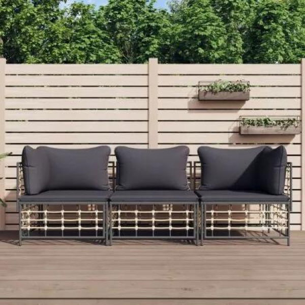 3 Piece Garden Lounge Set with Cushions Anthracite Poly Rattan