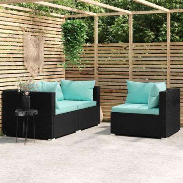 3 Piece Garden Lounge Set With Cushions Black Poly Rattan