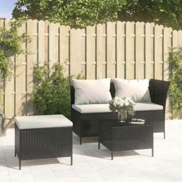 3 Piece Garden Lounge Set with Cushions Black Poly Rattan