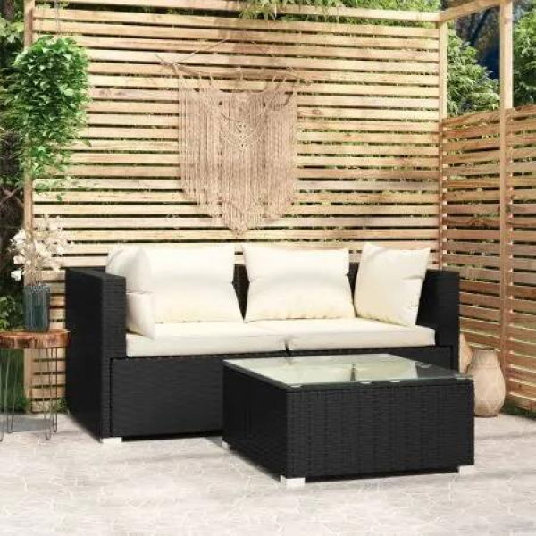 3 Piece Garden Lounge Set with Cushions Black Poly Rattan