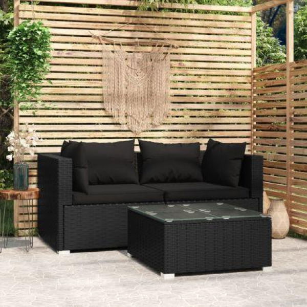 3 Piece Garden Lounge Set With Cushions Black Poly Rattan