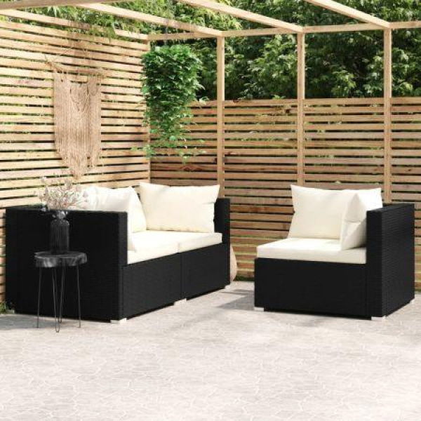 3 Piece Garden Lounge Set With Cushions Black Poly Rattan