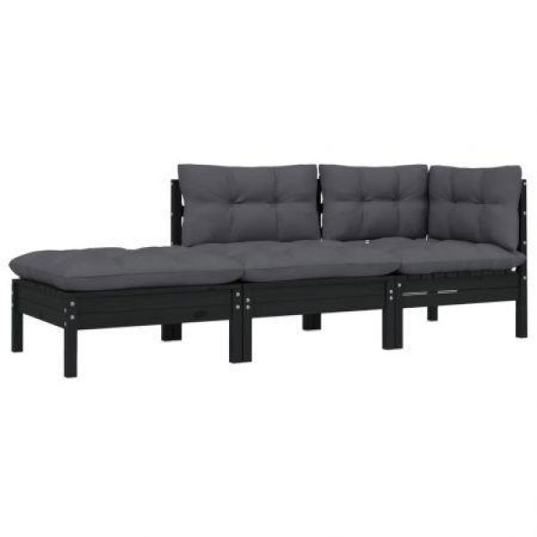 3 Piece Garden Lounge Set With Cushions Black Solid Pinewood