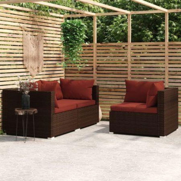 3 Piece Garden Lounge Set With Cushions Brown Poly Rattan