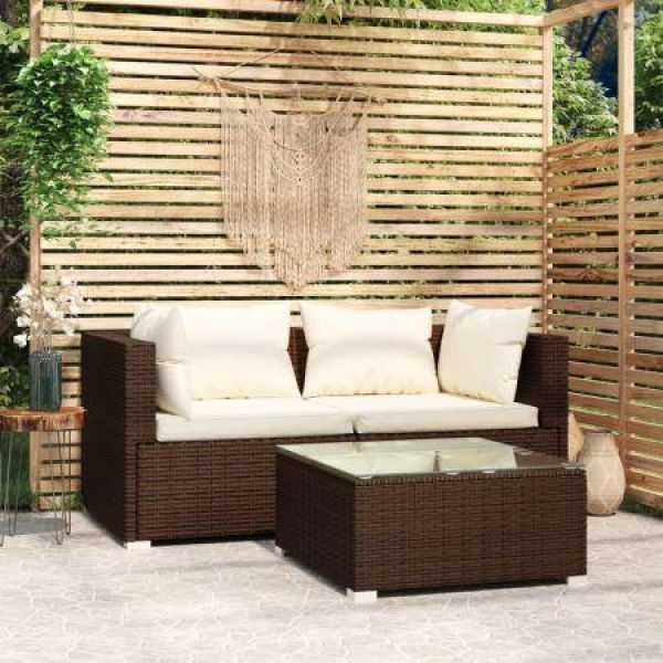 3 Piece Garden Lounge Set With Cushions Brown Poly Rattan