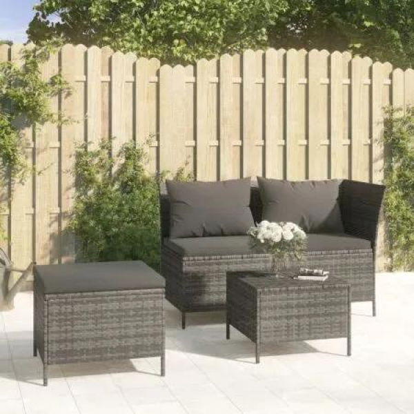 3 Piece Garden Lounge Set with Cushions Grey Poly Rattan