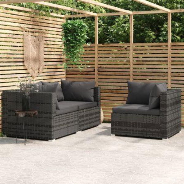 3 Piece Garden Lounge Set With Cushions Grey Poly Rattan