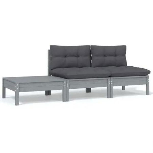 3 Piece Garden Lounge Set with Cushions Grey Solid Pinewood