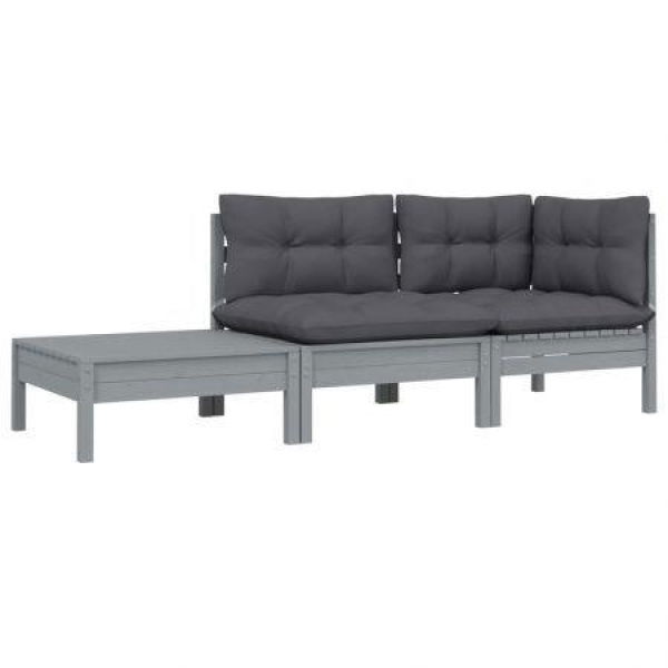 3 Piece Garden Lounge Set With Cushions Grey Solid Pinewood