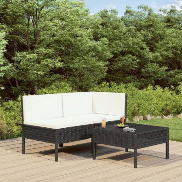 3 Piece Garden Lounge Set With Cushions Poly Rattan Black