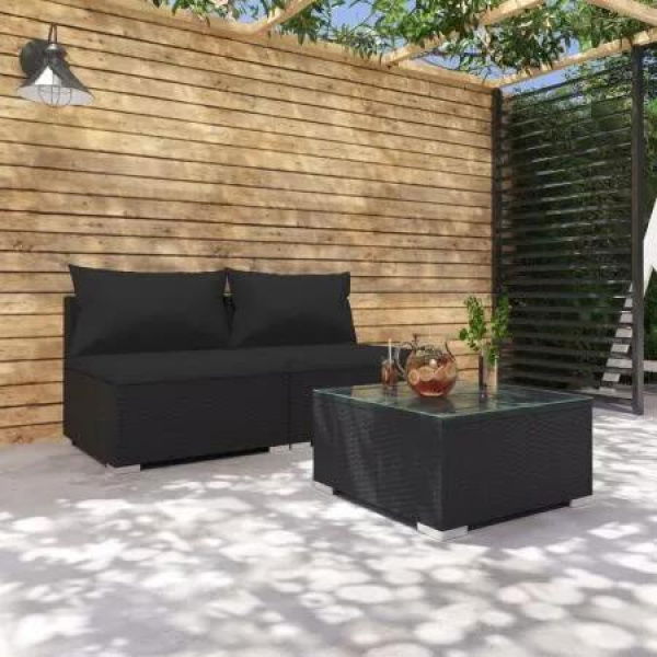 3 Piece Garden Lounge Set with Cushions Poly Rattan Black