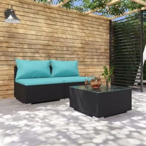 3 Piece Garden Lounge Set with Cushions Poly Rattan Black